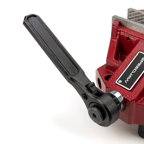 Close-up of Low Profile 6 Inch Bench Vise with Rapid Opening Rugged Steel Jaws showing swivel base handle and replaceable jaws