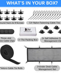 What's in the box of Under Desk Cable Management Net With Privacy Mesh Large Capacity Cord Organizer and included accessories.