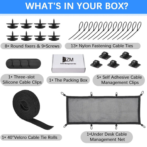 What's in the box of Under Desk Cable Management Net With Privacy Mesh Large Capacity Cord Organizer and included accessories.