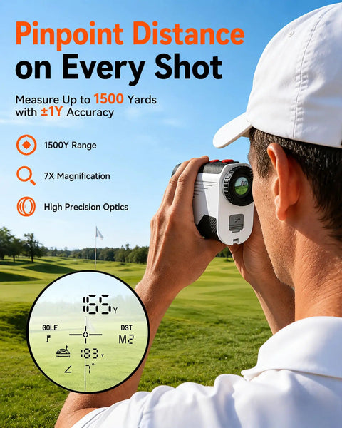 Golfer using Go-To Golf Rangefinder With Slope 1500 Yard Laser Rangefinder With Flag Lock Vibration 7x Magnification Rechargeable Rangefinder