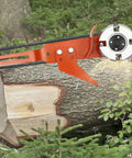 Knockout Chainsaw Mill Attachment And Log Debarker Peeler Featuring Four Heavy Duty Blades on log with wood shavings.