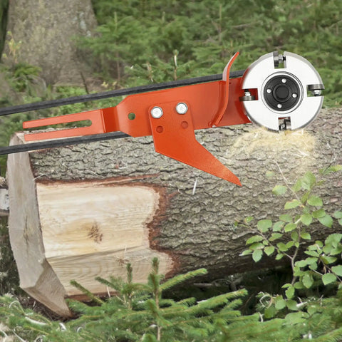Knockout Chainsaw Mill Attachment And Log Debarker Peeler Featuring Four Heavy Duty Blades on log with wood shavings.