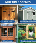 Multiple scenes featuring Light Duty T Strap Hinges for Barn Doors and Gates 4 Inch Black Wrought Iron Rustproof 6 Pack on various doors.