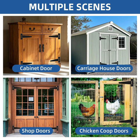 Multiple scenes featuring Light Duty T Strap Hinges for Barn Doors and Gates 4 Inch Black Wrought Iron Rustproof 6 Pack on various doors.