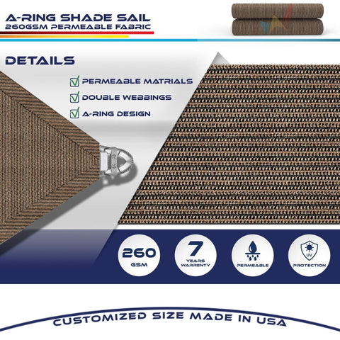 18 By 22 Ft Sun Shade Sail With A Ring Wire Rope, Rectangle Outdoor Shade Cover, breathable brown HDPE fabric detail