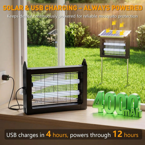 Outdoor Ready 4500V Solar Bug Zapper For Outdoor And Indoor Use With Half Acre Coverage Cordless Rechargeable Electric Mosquito Trap IPX5 Waterproof For Backyard Patio And Camping, showing solar and USB charging features with 4000mAh battery, placed indoors and outdoors.