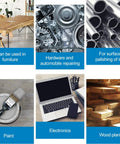 Collage showing uses for Pro Grade 6 Inch Sanding Discs Set: furniture, auto repair, metal, paint, electronics, and wood plank.