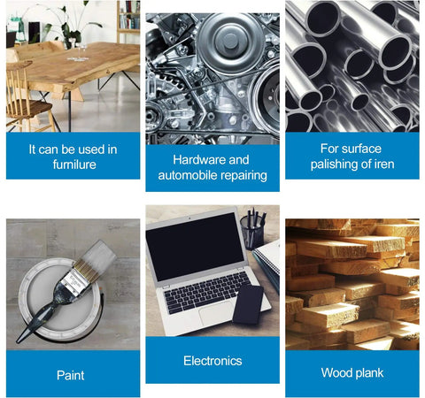 Collage showing uses for Pro Grade 6 Inch Sanding Discs Set: furniture, auto repair, metal, paint, electronics, and wood plank.