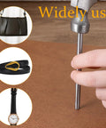 Using the Pro Grade Beefy Leather Hole Punch Set With 0.5 To 7mm Hollow Punches on leather with images of a bag, belt, and watch.