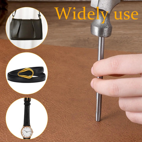 Using the Pro Grade Beefy Leather Hole Punch Set With 0.5 To 7mm Hollow Punches on leather with images of a bag, belt, and watch.