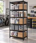 Premium Rock Solid Black Metal Five Tier Storage Shelving Unit With Quick Adjust Shelf Brackets For Garage Organization And Basement Utility Rack Setup filled with storage bins and boxes.