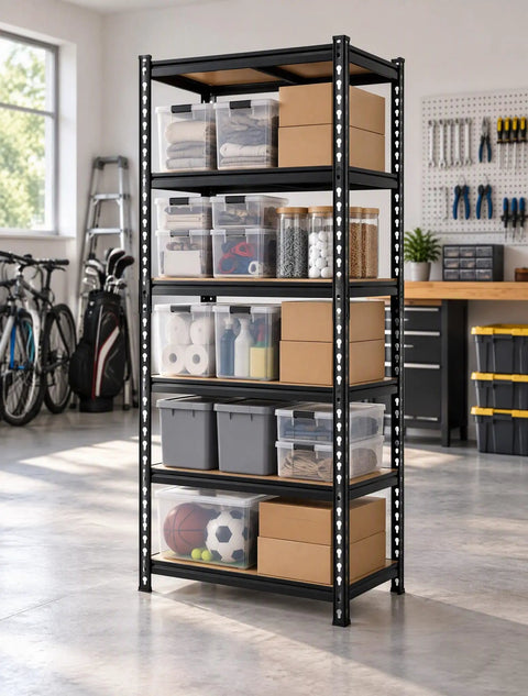Premium Rock Solid Black Metal Five Tier Storage Shelving Unit With Quick Adjust Shelf Brackets For Garage Organization And Basement Utility Rack Setup filled with storage bins and boxes.
