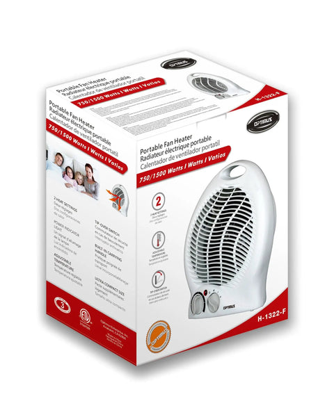Box of Portable 2 Speed Space Heater With Thermostat And Safety Cutoff 750 And 1500 Watt Heat Fan Only And Four Position Switch