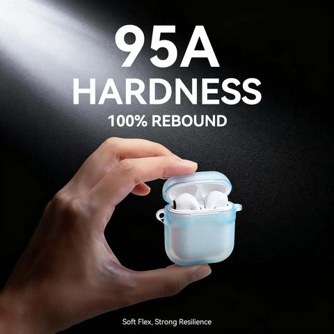 Hand holding a TPU case with earbuds, text '95A Hardness, 100% Rebound.' Go-To Flexible 1.75mm TPU Filament For 3D Printing Dope Soft Yet Tough.