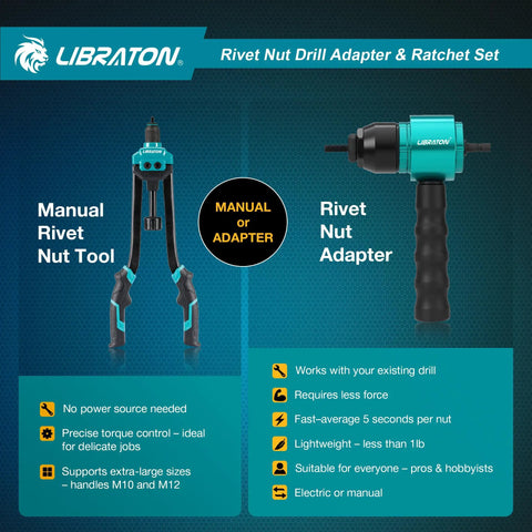Manual and adapter tools from Rivet Nut Drill Adapter And Ratchet Wrench Kit With Carrying Case For All In One DIY Auto Repair
