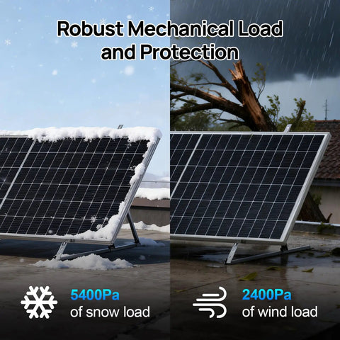 Rock Solid 10KW Off Grid Solar Kit With Split Phase Inverter 5310W PV Panels And 20Kwh Battery Bank showing snow and wind load resistance.