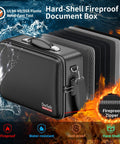 Fireproof Document Box With Lock And Shoulder Strap, Hard Shell Case File Organizer With Accordion Folders, Black