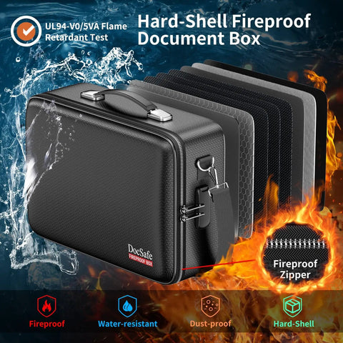 Fireproof Document Box With Lock And Shoulder Strap, Hard Shell Case File Organizer With Accordion Folders, Black