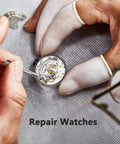 Hands using 13 Piece Professional Watch Screwdriver Set With Micro Precision Bits For Eyeglasses, Jewelry, Computer And Phone Repair, Includes Flathead And Phillips Tips Ranging From 0.6mm To 2.0mm, Small But Mighty Tool Kit to repair a watch.