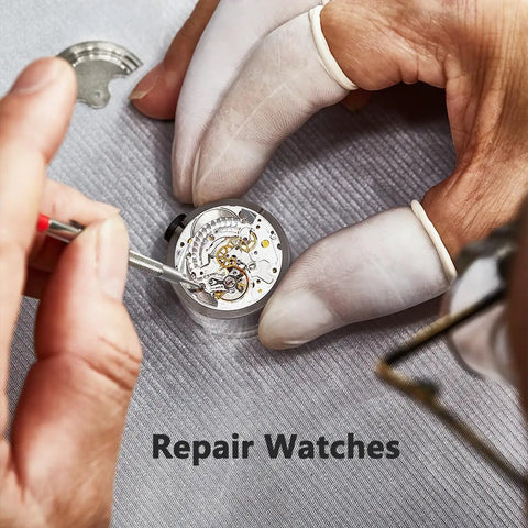 Hands using 13 Piece Professional Watch Screwdriver Set With Micro Precision Bits For Eyeglasses, Jewelry, Computer And Phone Repair, Includes Flathead And Phillips Tips Ranging From 0.6mm To 2.0mm, Small But Mighty Tool Kit to repair a watch.