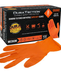 Tough As Nails 8 Mil Orange Nitrile Disposable Gloves Featuring Diamond Textured Grip Extra Thick Heavy Duty Work Gloves For Industrial Trades And Daily Grind Box Of 100 X Large in a box with one orange glove visible.