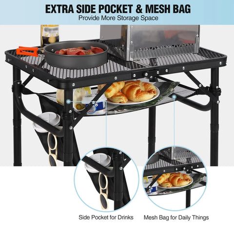 Foldable Grill Table For Outdoors, Lightweight Aluminum Frame, Height Adjustable, side pocket and mesh bag for storage