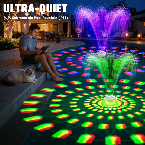 Cool 8000mAh Rechargeable Pool Fountain With Lights For Above Ground Pools Floating Water Pump illuminating poolside