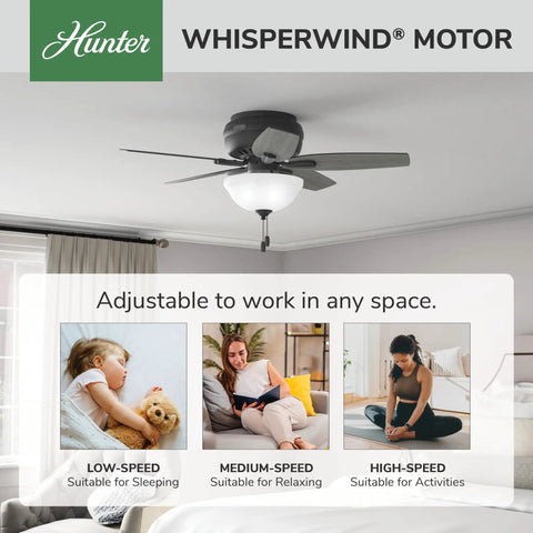42 Inch Indoor Ceiling Fan With LED Light Matte Black Low Profile Flush Mount 5 Blades Pull Chain Operation For Bedroom Or Living Room No Remote Energy Efficient Lighting installed in a modern bedroom.