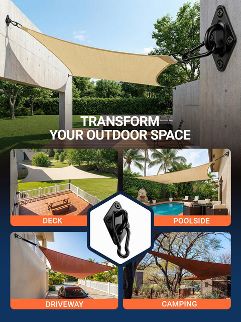 Durable 304 Stainless Steel Sun Shade Sail Hardware Kit with 6 Inch Fittings installed in outdoor settings like deck and poolside