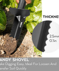Heavy Duty Metal Detector Shovel With Double Serrated Edge digging in soil, thickness detail inset, used for gardening.