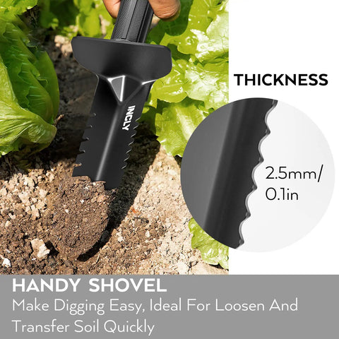Heavy Duty Metal Detector Shovel With Double Serrated Edge digging in soil, thickness detail inset, used for gardening.