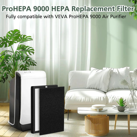 HEPA Replacement Filters For VEVA ProHEPA 9000 Air Purifiers Keep Your Air Fresh And Clean, 2 Pack shown in living room.