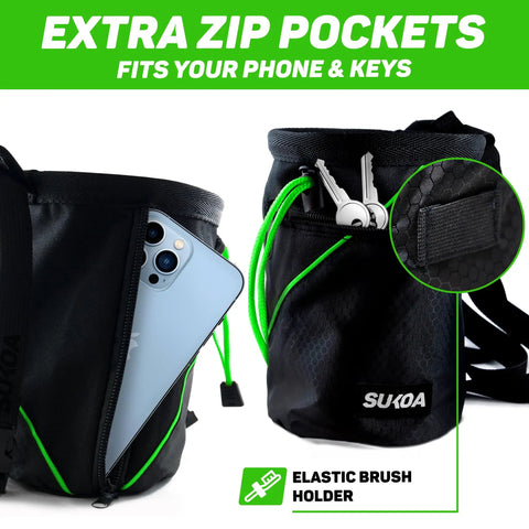 Chalk Bag For Rock Climbing And Multi Purpose Training Gear With Quick Clip Belt And Dual Zip Pockets for phone and keys