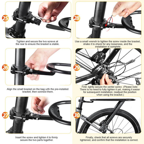 Installation steps for Sleek Carbon Fiber And Aluminum Rear Bike Rack For Mountain And Road Bikes with detailed brackets.