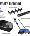 What's included with Powerful 13 Inch 12 Amp Two In One Electric Dethatcher And Scarifier: blades, collection bag, manual.