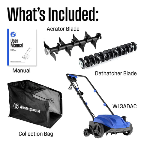 What's included with Powerful 13 Inch 12 Amp Two In One Electric Dethatcher And Scarifier: blades, collection bag, manual.
