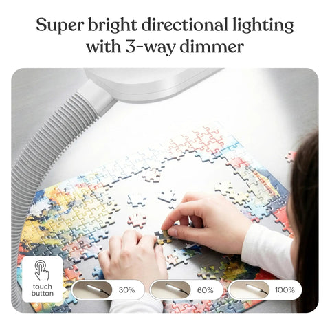 Litespan LED Floor Reading Lamp For Over Chair Tasks And Lash Extensions illuminating jigsaw puzzle with touch dimmer