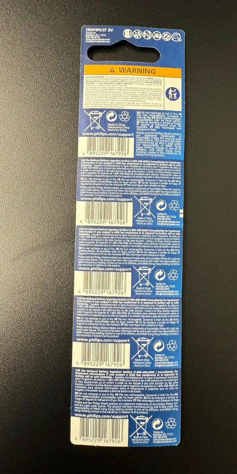 Heavy Duty 5 Pack CR2016 3V Lithium Coin Batteries packaging rear showing warning and usage instructions.
