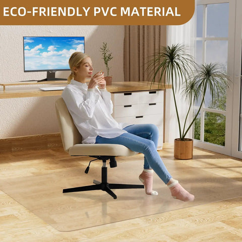 Clear Chair Mat For Hard Floors 48 Inch By 60 Inch Protects Hardwood Tile And Wood Floors From Rolling Office Chairs Under Desk For Home Office And Gaming Setups shown in a home office under a chair.