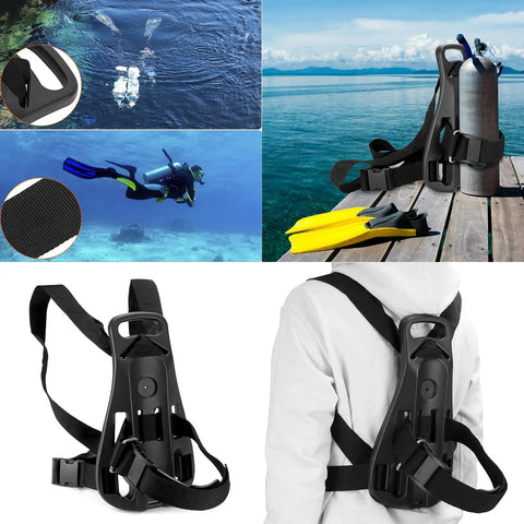 Portable Diving Tank Backpack With Scuba Tank Holder And Oxygen Bottle Bracket Durable ABS Nylon Carrier shown with scuba gear