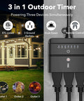 Outdoor Timer Outlet With Dusk To Dawn Sensor And Remote Control 100 Foot Range Waterproof 3 Grounded Outlets 15A ETL Listed