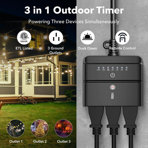 Outdoor Timer Outlet With Dusk To Dawn Sensor And Remote Control 100 Foot Range Waterproof 3 Grounded Outlets 15A ETL Listed
