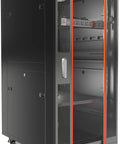 Built Like A Tank 32U Floor Standing Server Rack With 24 Inch Deep Storage and Integrated Cooling Fan, front view showcasing lockable glass door.