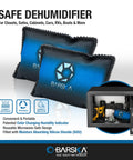 Rechargeable Desiccant Dehumidifier Bag Safe Moisture Absorber For Home Closets Gun Safes Basements Garages And Cars Microwaveable Portable Blue Dehumidifying Solution next to open safe.
