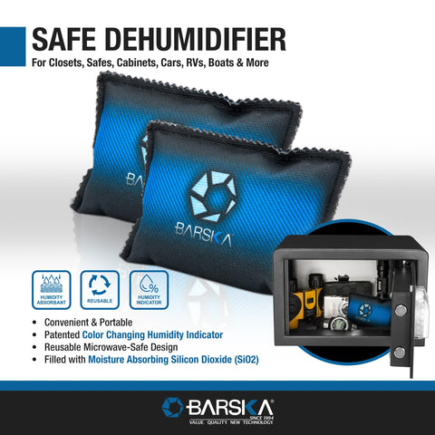 Rechargeable Desiccant Dehumidifier Bag Safe Moisture Absorber For Home Closets Gun Safes Basements Garages And Cars Microwaveable Portable Blue Dehumidifying Solution next to open safe.