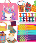 Weaving Loom Kit For Kids And Adults DIY Arts And Crafts Starter Set with colorful loops, potholders, and a unicorn-themed storage bag.