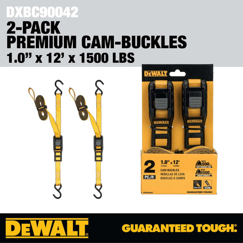 Heavy Duty 1 Inch By 12 Foot Cam Buckle Straps Set, 2 Pack, 500 Lbs Safe Working Load And 1500 Lbs Break Strength in packaging