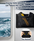 Four Pack 10 By 7 Boat Mesh Storage Bags with Self Adhesive Backing tear resistant waterproof installed on boat wall holding tools.