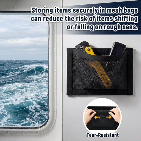 Four Pack 10 By 7 Boat Mesh Storage Bags with Self Adhesive Backing tear resistant waterproof installed on boat wall holding tools.