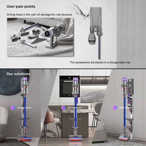 Dyson Vacuum Stand With Foldable Storage Hooks Heavy Duty Carbon Steel Base No Drill Wall Mount in various rooms.